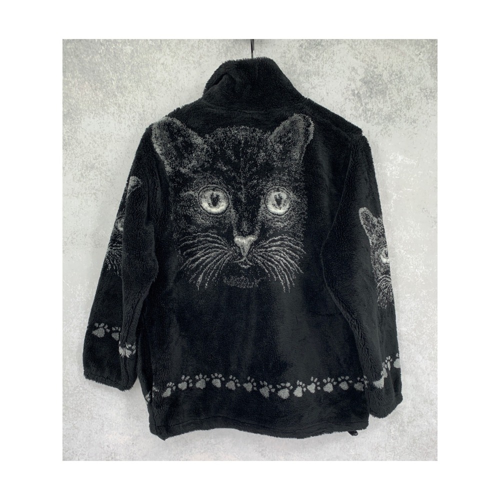 Vintage Black Mountain Cat Jacket Womens Medium Black Full Zip Fleece USA Made